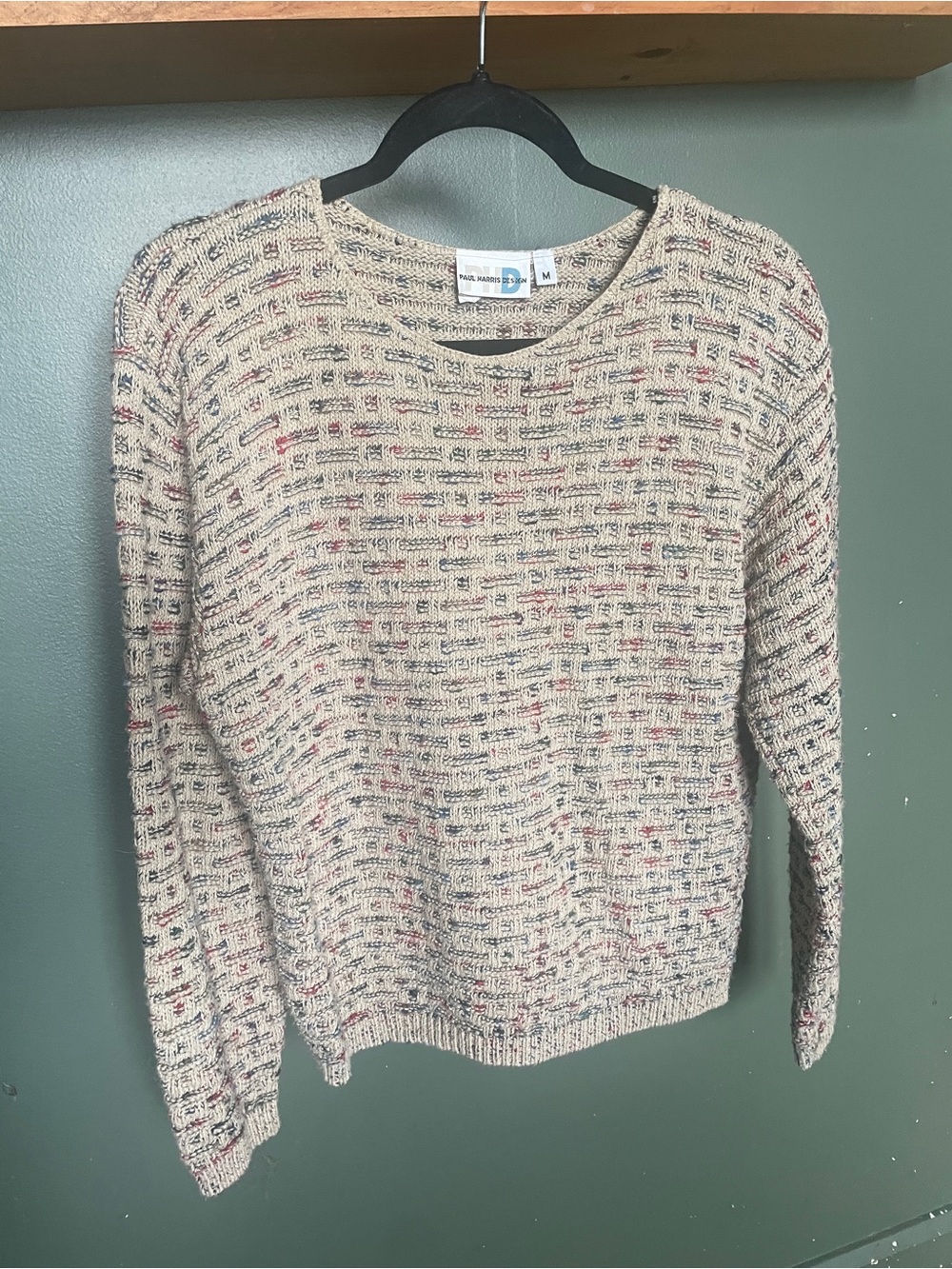 Vintage Beige Knit Crewneck Sweater with Multicolor Fleck